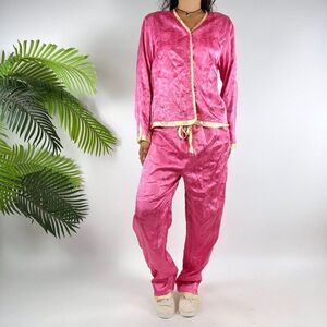 Women's Vintage Kathryn Pink Floral Oriental 2 Piece Satin Pajama Set / S